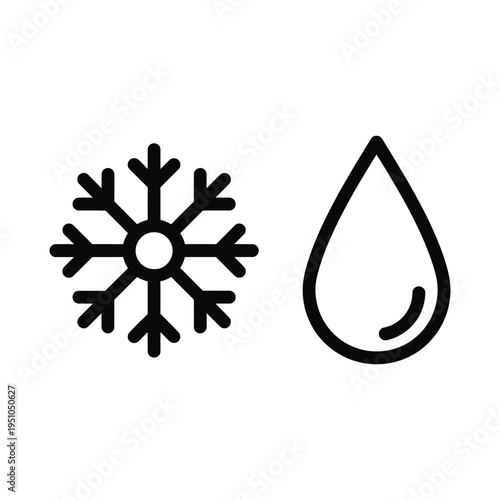 A black line drawing depicts a snowflake and a raindrop side by side.