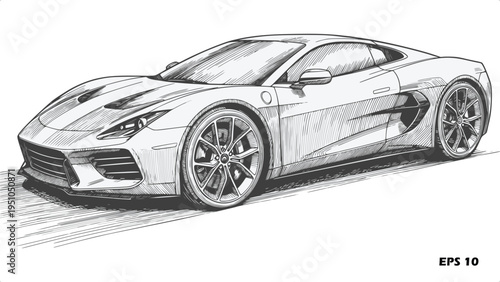 High-Performance Modern Supercar Vector Illustration. Detailed Hand-Drawn Sketch of a Luxury Sports Car in Perspective View.