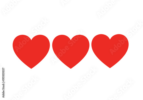 Three bright red hearts on white background, symbol for love