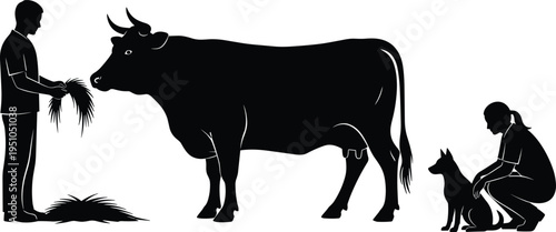 Silhouette of man feeding cow and woman petting dog in rural farm setting for agriculture livestock and domestic animal concepts