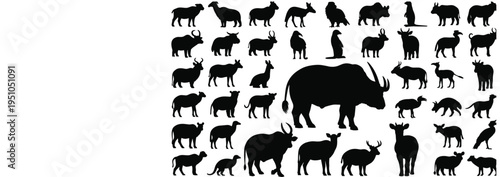 Comprehensive Vector Silhouette Set of Diverse Wildlife Mammals Including Buffalo Deer Meerkat and Various Hoofed Animals for Nature Graphic Design