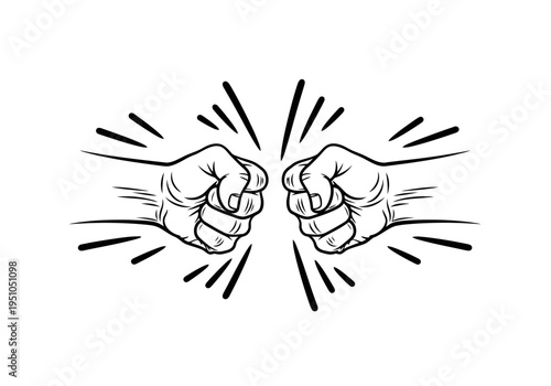 Two human fists bumping together with impact effect lines illustration