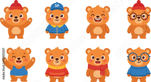 cute teddy bear cartoon characters set, adorable bear mascot collection wearing winter clothes, hat scarf glasses kids illustration