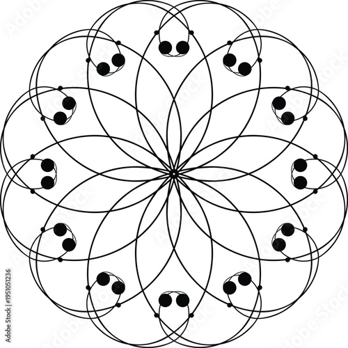Intricate geometric mandala pattern composed of overlapping circles and solid black dots arranged in a symmetrical circular florallike design with a sense of motion and complexity