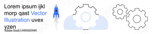 Innovation, technology, engineering, startup development, process optimization, futuristic concepts. A blue rocket launching alongside gear icons and abstract text. Innovation and technology concept
