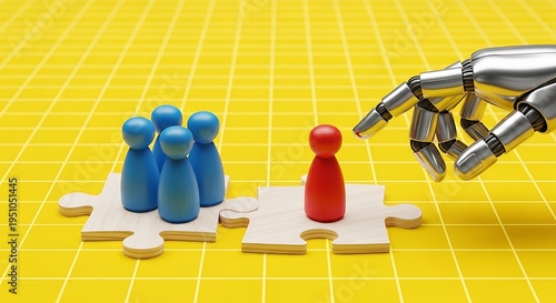 Robotic hand placing red figure on jigsaw puzzle with blue figures