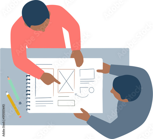 Two people discussing a design plan on a table with documents