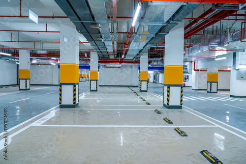 Newly built modern building underground large parking lot