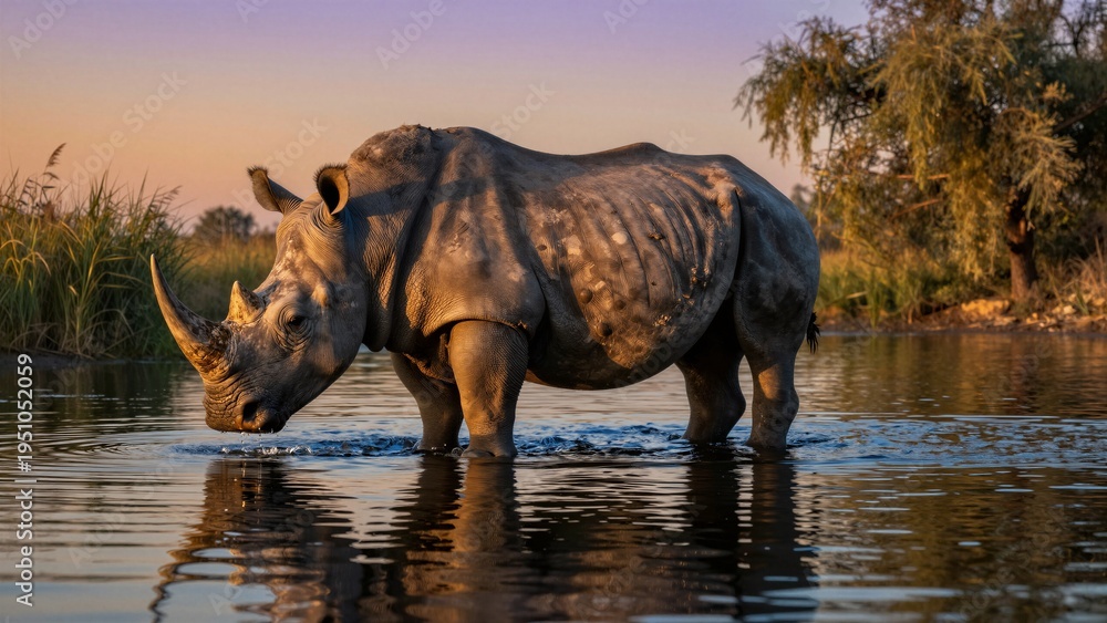 Fototapeta premium A majestic white rhinoceros drinking from a pond during the warm glow of sunset, with soft focus on lush greenery and reflective water.