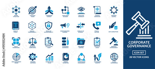 Corporate Governance and Business Ethics solid icon set featuring icons for Board Structure, Strategic Vision, Leadership Synergy, Regulatory Audit, and Anti-Corruption for professional management use