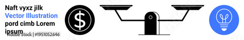 Financial planning, innovation, economy, decision-making, investment balance, business strategy. Dollar sign, balancing scale and light bulb icons. Financial planning and innovation concepts