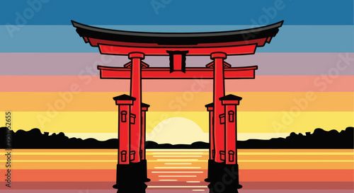Japanese torii gate at sunset over calm water with distant hills.