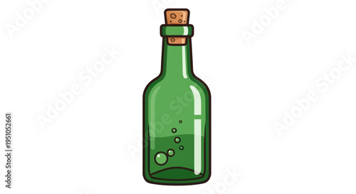 Green glass bottle with liquid and bubbles, cork stopper