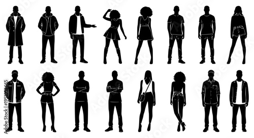 Vector silhouettes man and women, illustration. Silhouettes of young people posing in casual clothes. Transparent background SVG version.