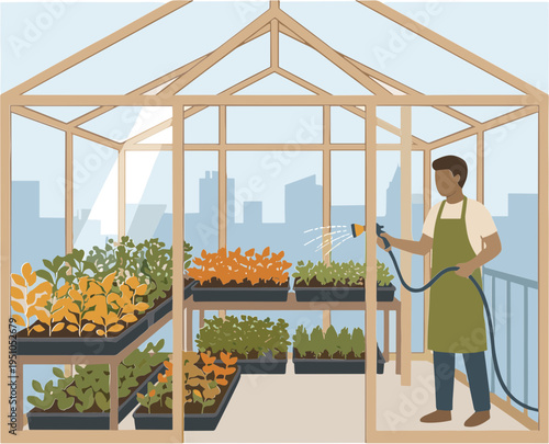 Man watering plants in a rooftop greenhouse with city view