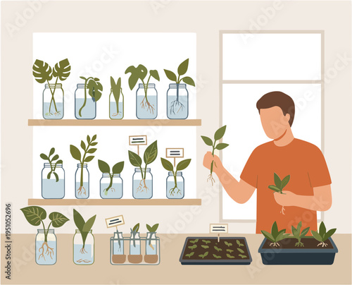 Man holding plant in greenhouse with various plants on shelves nearby
