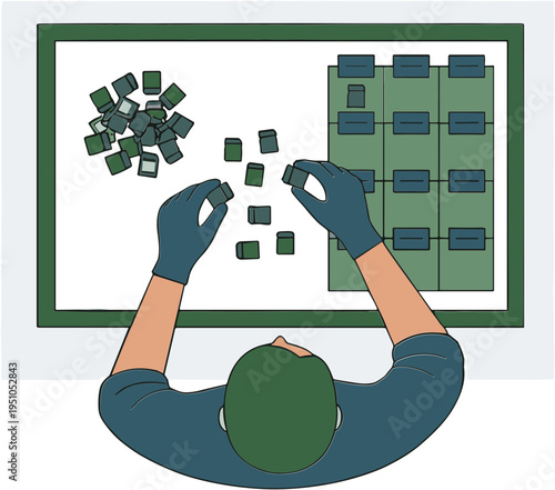 A person wearing gloves sorts green cubes on a large green board.