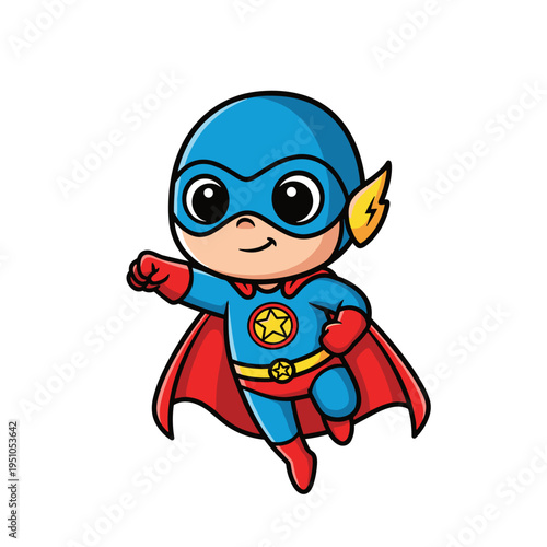 Cute cartoon baby superhero character flying with a red cape