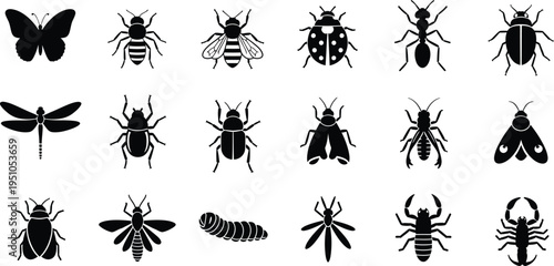 Tableau sur toile A comprehensive collection of black silhouette icons representing various insect