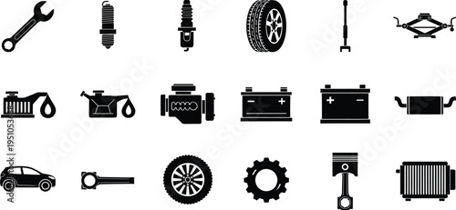 A comprehensive collection of black and white automotive icons representing various car repair parts