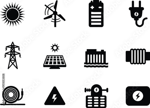 A collection of twelve simple black and white vector icons representing energy and power sources