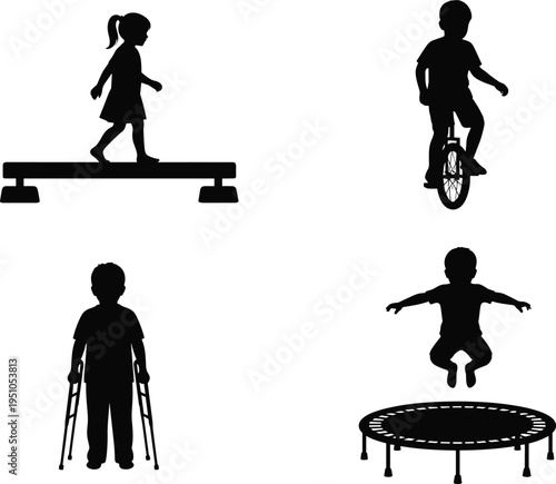 Kids activity silhouettes set, children balancing cycling jumping trampoline and walking with crutches, playful childhood flat vector illustration