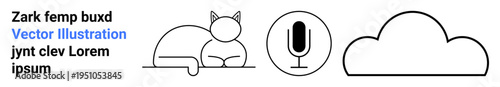 Digital tools, audio recording, cloud storage, pets, technology icons, creative design. Minimalist cat, microphone and cloud symbols. Cloud storage and pets concept