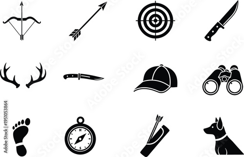 A collection of black icons representing various hunting and outdoor adventure equipment items