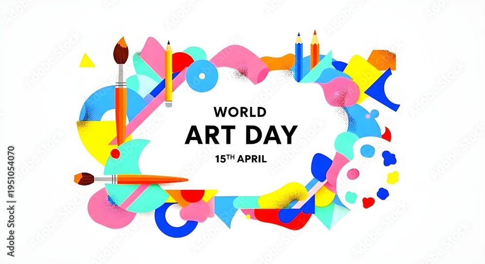 Naklejka premium A colorful illustration celebrating World Art Day with paintbrushes and vibrant shapes