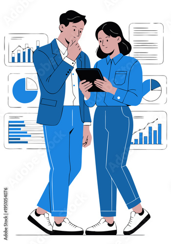 Professional team analyzing business data on a digital tablet with financial charts in the back side on transparent Background. Male and female colleagues discussing marketing analytics vector.