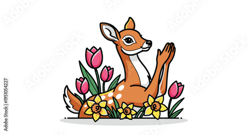 Adorable Fawn Praying Amidst Blooming Tulips and Daffodils Illustration.