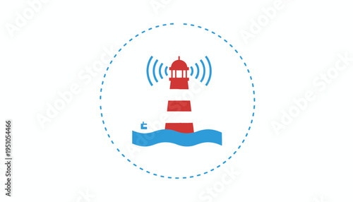 Lighthouse emitting signal waves over water, communication concept