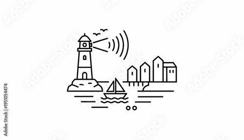 Lighthouse guiding sailboat near coastal town, signal waves, minimalist line art