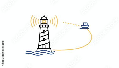 Lighthouse guiding a boat at sea with signal waves
