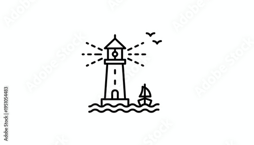 Lighthouse guiding sailboat on wavy sea with birds flying overhead, minimalist line art icon