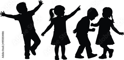 kids silhouettes, children playing, happy childhood, playful friends, dancing kids, boy girl, fun activity, family lifestyle, people, motion, joy, carefree, 