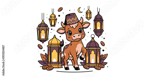 Cartoon Cow Celebrating Eid al-Adha with Lanterns.