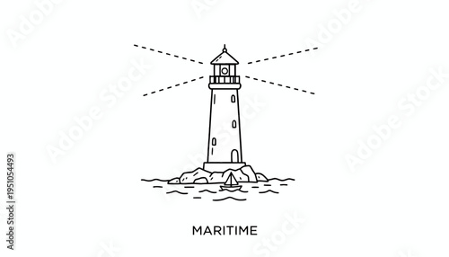 Lighthouse guiding sailboat on rocky coast, maritime navigation symbol, line art illustration