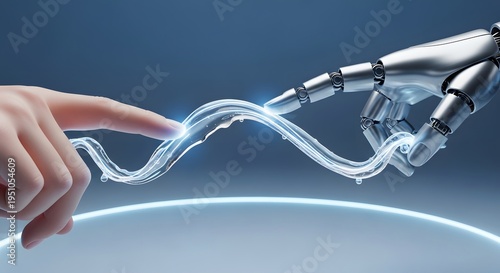 A human hand and a robot hand reaching out to touch a glowing stream of liquid against a blue background.