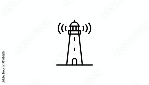 Lighthouse icon with radio waves, symbolizing navigation, communication, and maritime safety