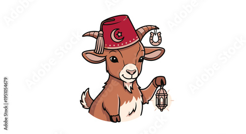 Cartoon Goat with Fez Hat and Lantern Illustration.