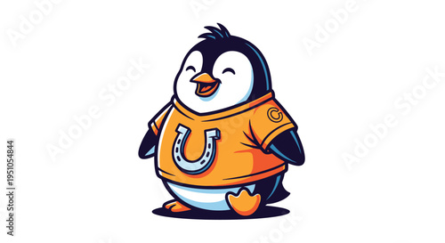 Cartoon Penguin Mascot Wearing Horseshoe Jersey with Cheerful Expression.