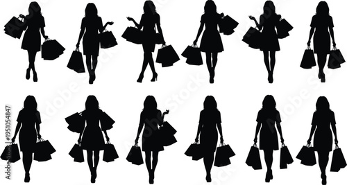 Set of woman silhouettes carrying shopping bags and packages while walking and standing for retail sales, fashion, and commercial promotions.