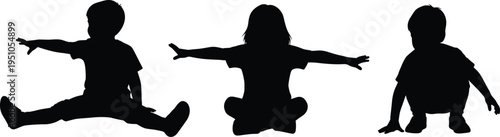 kids, children, silhouette, sitting, toddler, baby, child, play, cute, family, childhood, pose, people, little, black, isolated, activity, playful, vector, illustration - flat vector illustration