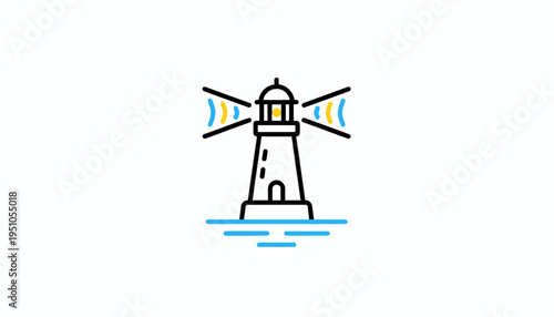 Lighthouse Beacon Guiding Ships at Sea, Navigation Symbol, Vector Illustration