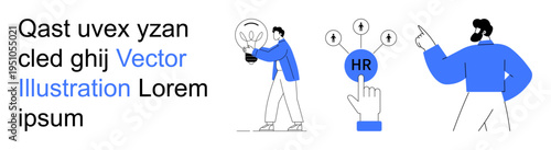 Hiring management, workforce recruitment, leadership, modern HR, professional skills, digital transformation. Business characters with HR icons and innovative elements. Hiring management