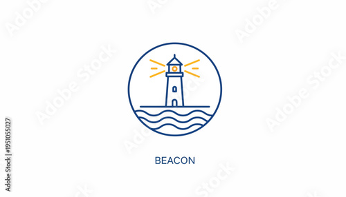 Lighthouse Beacon Guiding Ships at Sea, Navigation Symbol, Vector Illustration