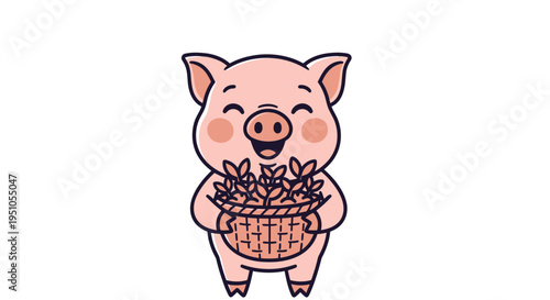 Charming Cartoon Piglet Holding a Basket of Flowers with a Cheerful Smile.