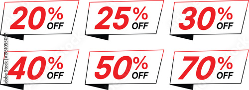 Red and black sale discount labels showing 20 25 30 40 50 70 percent off percentage