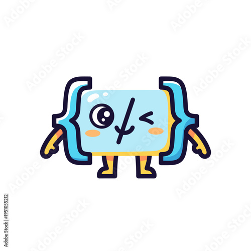Cute cartoon curly brace character winking with programming symbols